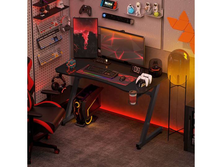 HOMCOM Bureau Gaming Noir avec Support Casque et Pieds Réglables