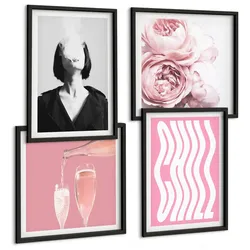 BILDER SET 4er Set - 50x50 cm & 40x60 cm Schwarzer Rahmen - Stilvolles Porträt mit Champagner