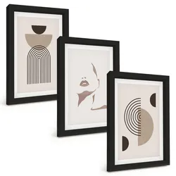 BILDER SET 3er Set - 20x30 cm Schwarzer Rahmen - Abstrakte Formen und Gesicht