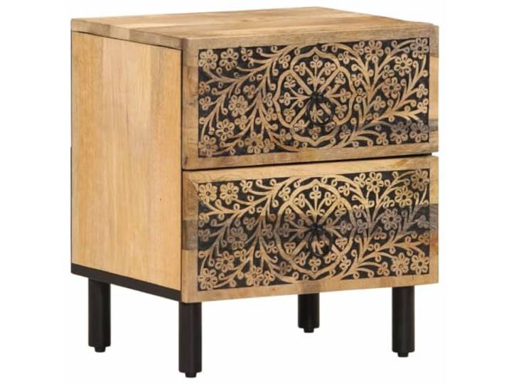 fsahslih Nachttisch Massivholz Mango 40x33x46 cm Beistellschrank Retro Handgeschnitzte Kommode aus Mangoholz und Eisen mit 2 Schubladen für das Schlafzimmer im eleganten Vintage Stil.