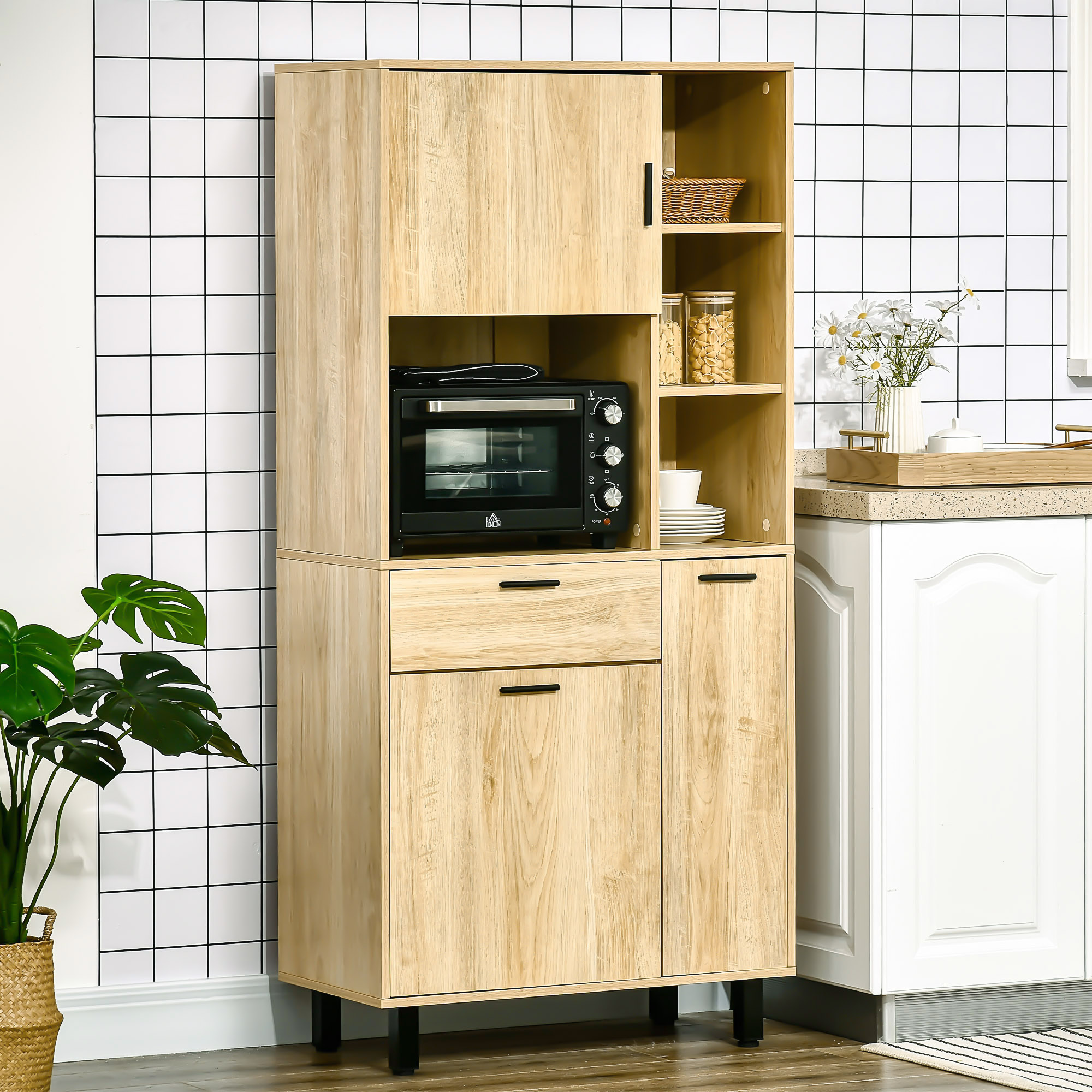 Homcom Buffet da cucina mobile da cucina multi-riserva con un cassetto, 3 armadi, 4 nicchie e passacavi altezza 166 cm   Aosom Italy