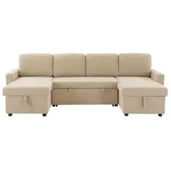 Sabaideco, Sofa + Bettsofa, Panorama-Schlafsofa – 4-Sitzer – MARCEL – Beigefarbener Stoff – 2 Staufächer – 265 x 140 x 87 cm (4-Sitzer)