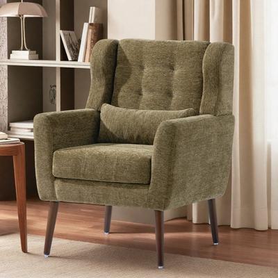 "28.34"" Chenille Mid-Century Modern Lounge Armchair with Ergonomic Design and Tapered Wood Legs and Waist Pillow"