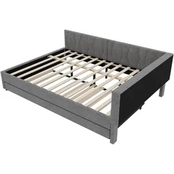 STILVORA Daybett Leinen Grau 140x200 cm mit Ausziehbett, LED, USB-C und Ablagefächern