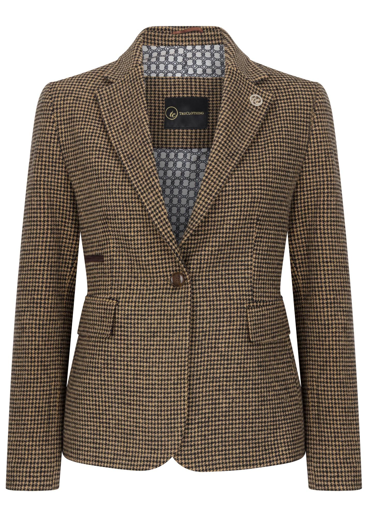 Maßgeschneiderter Damenblazer aus Wollmischung mit Hahnentrittmuster in Braun