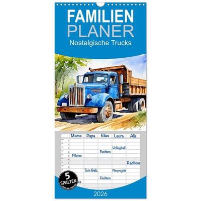 Familienplaner 2026 - Nostalgische Trucks mit 5 Spalten (Wandkalender, 21 x 45 cm) CALVENDO