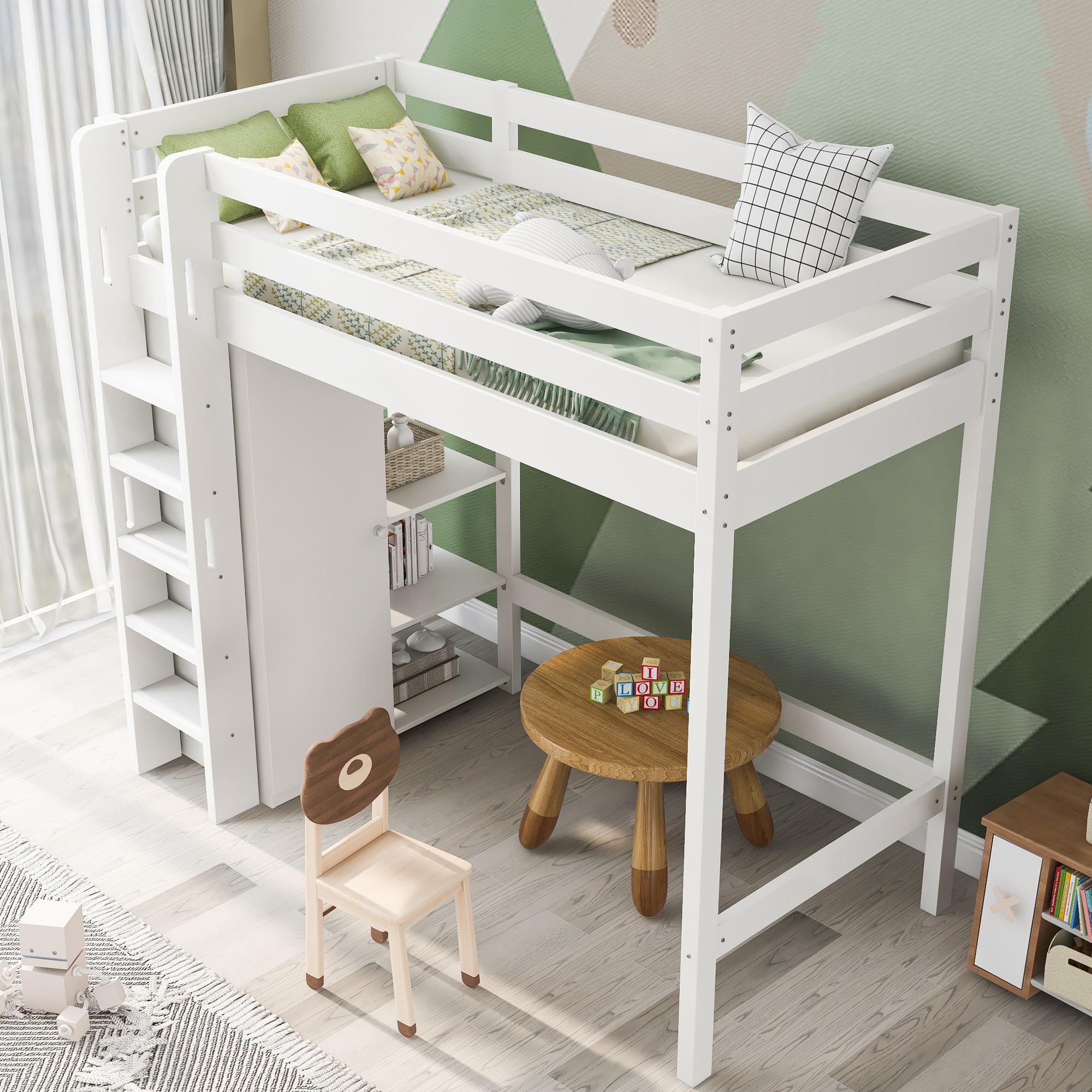 Sweiko Kinderbett Hochbett 90x200 cm, Einzel Bettgestel mit Kleiderschrank und 6 Regalen, Weiß, Hochwertiges Material, Leicht zu Montieren,Stabil und Langlebig (Ohne Matratze)