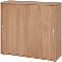 bümö Schiebetürenschrank 3OH - Aktenschrank abschließbar, Sideboard Schrank mit Schiebetüren in Nussbaum, Bogengriff - Büroschrank aus Holz mit