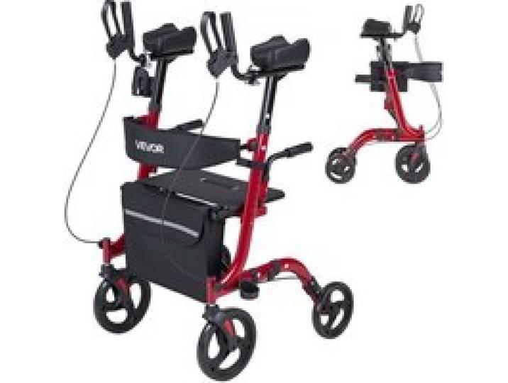 VEVOR Rollator Faltbar mit Sitz, Leichtgewicht Gehwagen mit 4 PVC Reifen, Gehhilfe bis 136 kg mit Rückenlehne Tasche Gehstockhalter, Höheverstellbare Laufhilfe mit Feststellfunktion für Senioren, Rot