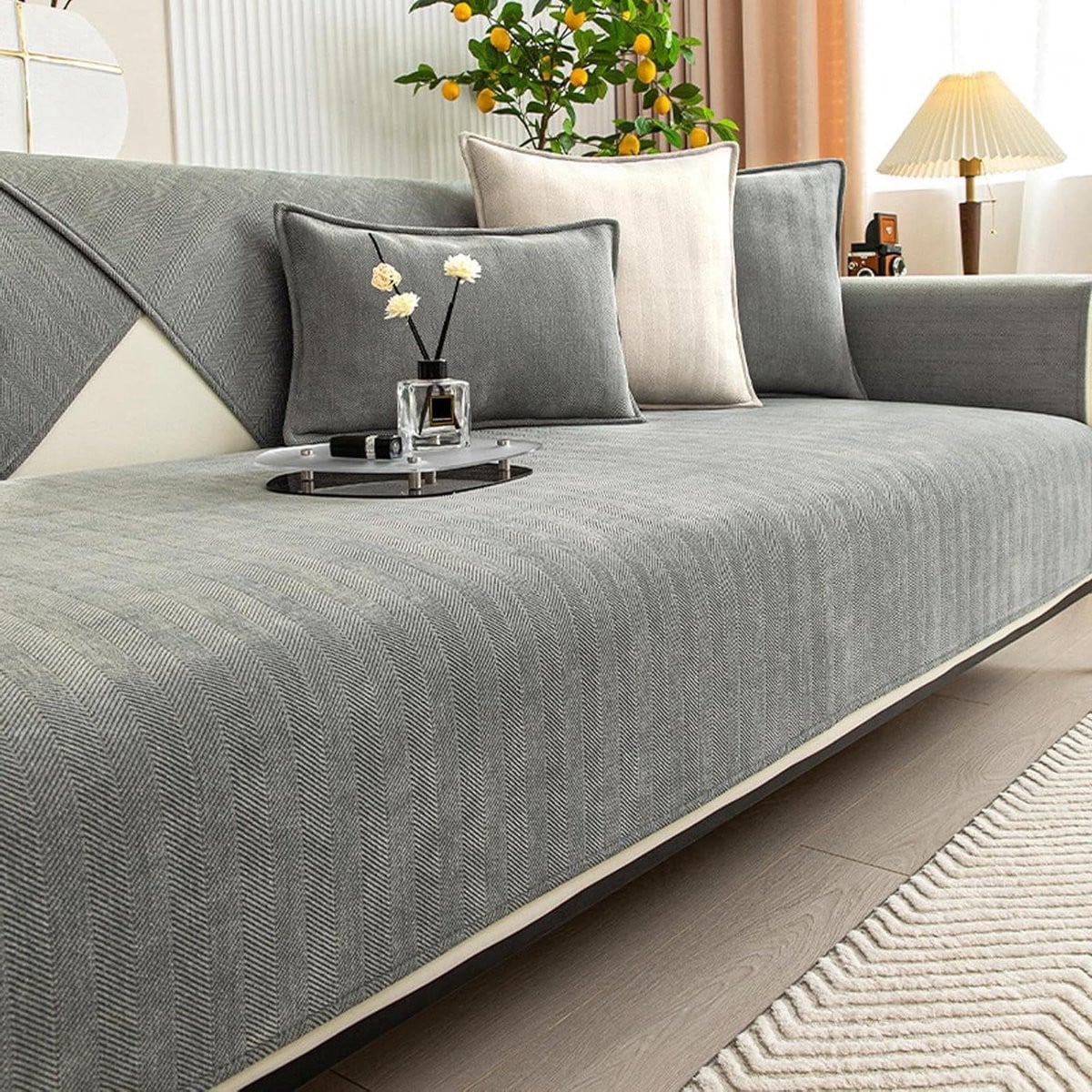 Grijs Bankhoes Chenille met Antislip Visgraatpatroon - 110 x 160 cm