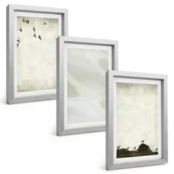 BILDER SET 3er Set - 20x30 cm Silberner Rahmen - Vögel, Steine, Pinselstriche, Verzierungen