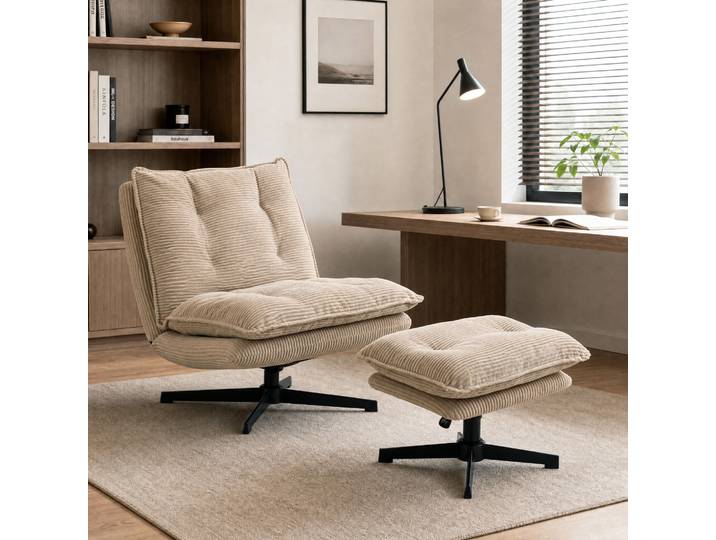 HOMCOM Fauteuil Pivotant Velours Beige avec Ottoman Réglable
