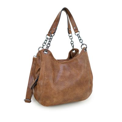 Schultertasche HARPA, Damen, Gr. B/H/T: 7cm x 26cm x 31cm, braun (cognac), Lederimitat, unifarben, Taschen Schultertasche, mit aufwendigen Tragegriffen und feinem Lasercut