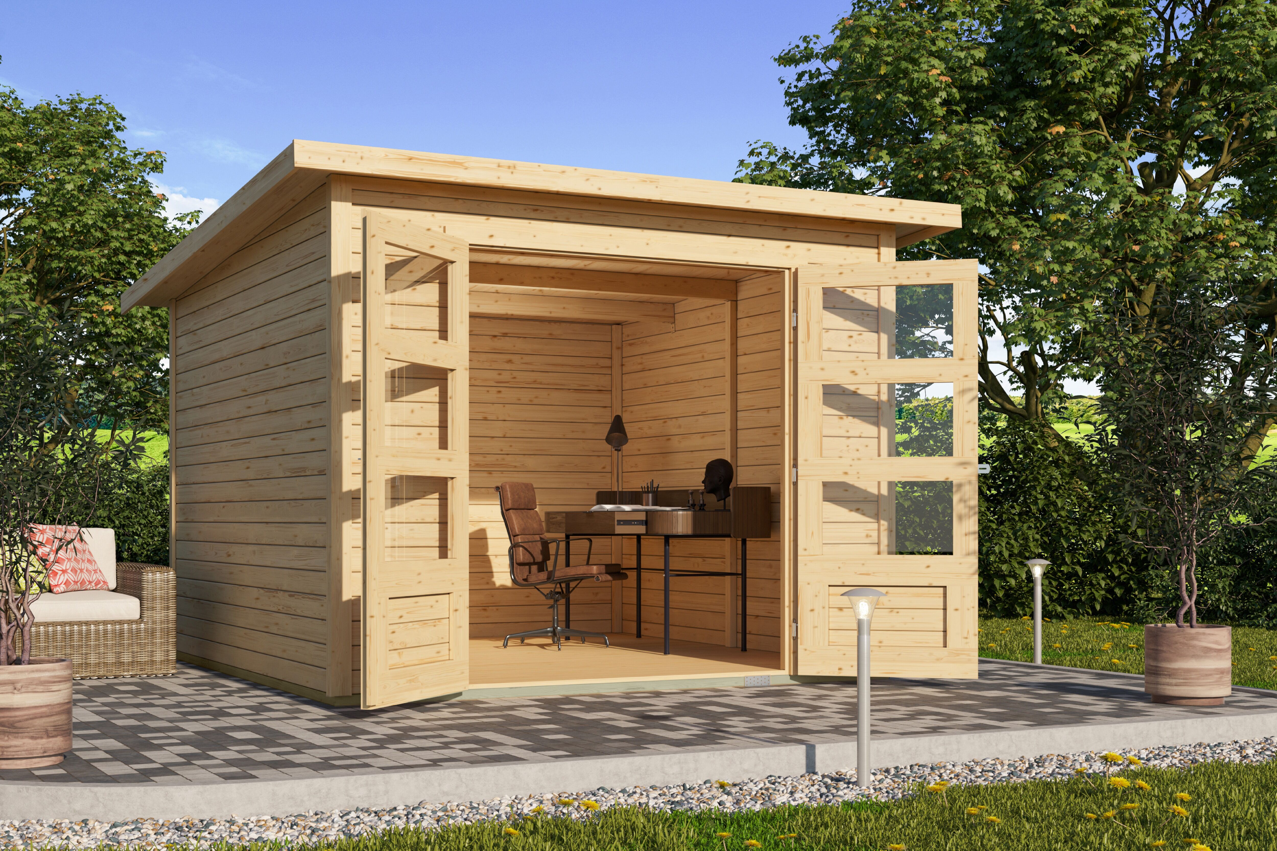 Gartenhaus KONIFERA "Floreana 4", braun (naturbelassen), Fußboden im Gartenhaus, Dachfolie, Massivholz, Gartenhäuser, Gartenhaus