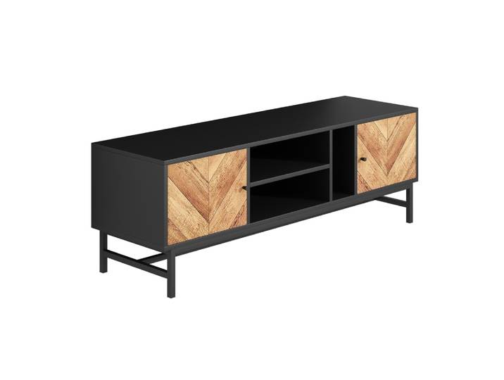 Meuble tv pieds métal et compartiments 150cm, noir