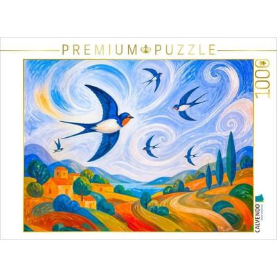 CALVENDO Puzzle Puzzlespiel Schwalben im Wind über farbige Landschaft in kindlicher Windpoesie | 1000 Teile Lege-Größe 64 × 48 cm Foto-Puzzle für