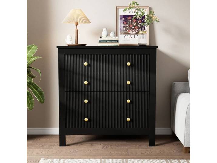 Commode avec tiroirs texturés - 5 tiroirs - Poignées dorées - 79x80 5x39 5 cm - Noir - Panneau de particules