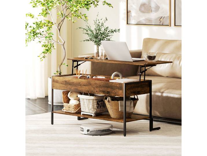 HOMCOM Table Basse Relevable Industrielle avec Rangement Marron