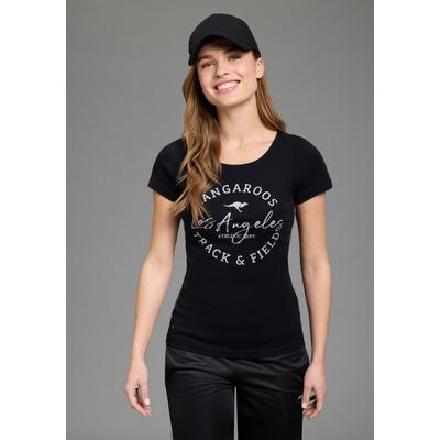 Print-Shirt KANGAROOS, Damen, Gr. 48/50, schwarz, Rippware, Obermaterial: 100% Baumwolle, bedruckt, kontrastfarbene Details, sehr figurbetont hüftbedeckend, Rundhals, Shirts, sehr figurbetonter Schnitt, Print, Rundhalsausschnitt