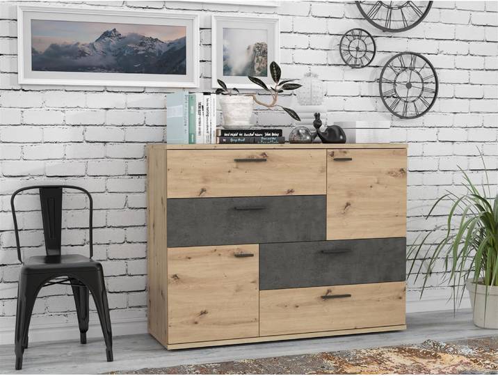 Forte Skive Raffinierte Kommode mit 2-Farbiger Front, 2 Türen und 4 Schubladen,
