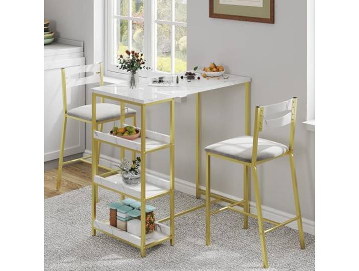 Garvee Bar Tisch Und Stühle Set, 3 Stück Bar Tisch Set Mit Mit Flip Top Erweiterung Und Aufbewahrung Regale, Esstisch Set Für 2, Geeignet Für Kleine Raum Küche Wohnung,Weißer Marmor