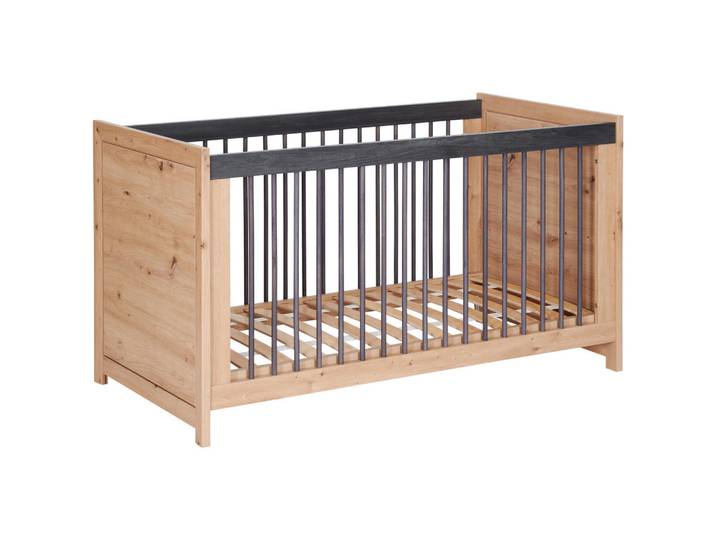 My Baby Lou Gitterbett, Eichefarben, Dunkelgrau, Holz, Holzwerkstoff, Buche, massiv, Sperrholz, 76.5x80x145 cm, zum Juniorbett umbaubar, höhenverstellbar, Lattenrost inklusive, Baby- und Kindermöbel, Babyzimmer, Babybett, Gitterbett