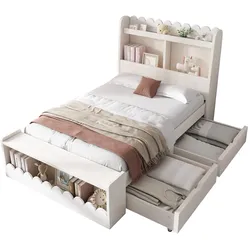Einzelbett 90x190 cm Massivholz mit Stauraum Schubladen und Regalen modern platzsparend funktional Weiß Eiche