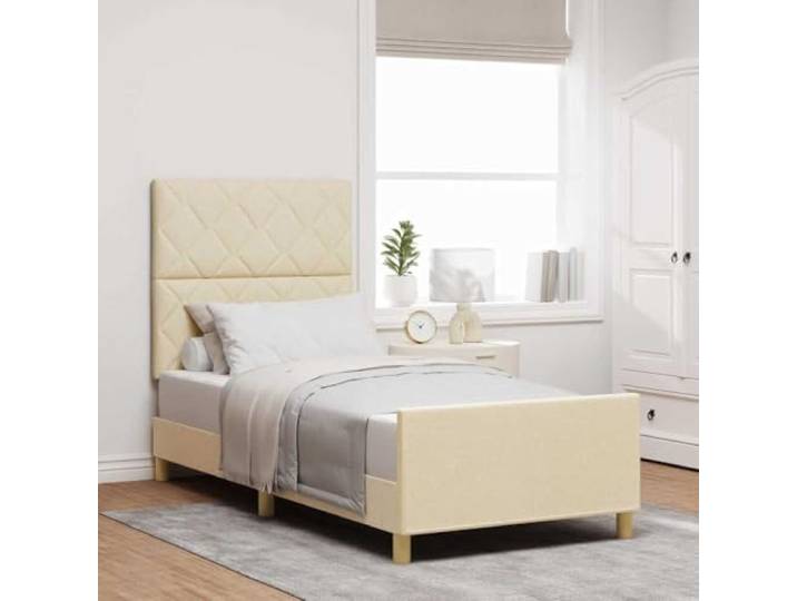 Stoffgepolstertes Plattformbett Minimalistisches Design Creme 100 x 200 cm Bettgestell mit Kopfteil Creme 100 x 200 cm Stoff Polsterbett mit Schaumfüllung Minimalistisches Design mit Fussteil