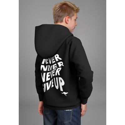 Kapuzensweatshirt KANGAROOS "Spruch: NEVER GIVE UP", Jungen, Gr. 152/158, schwarz, Single Jersey, Obermaterial: 100% Baumwolle. Kapuzenfutter: 100% Baumwolle, bedruckt, Basic, Rippbündchen, Sweatshirts, Sweatshirt mit großem Rückendruck