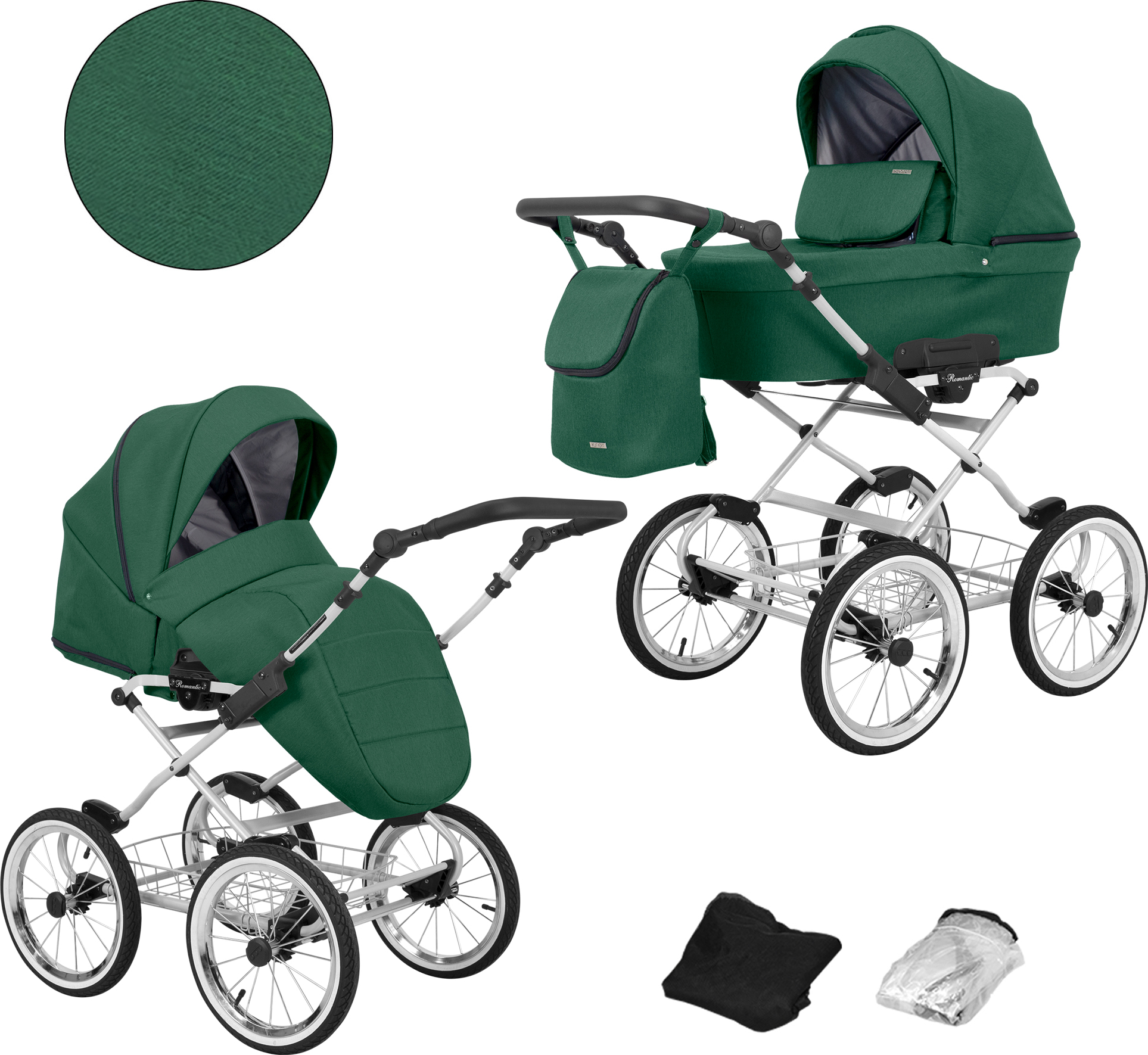 Kinderwagen ROMANTIC Sportwagen Babywagen Babyschale Komplettset Kinder Wagen Set 2 in 1 (grün, Rahmenfarbe: grau)