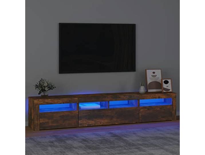 TV Schrank 210x35x40cm mit RGB LED Beleuchtung, Raucheiche TV Möbel mit Stauraum und Präsentationsplatte, USB 5V betrieben