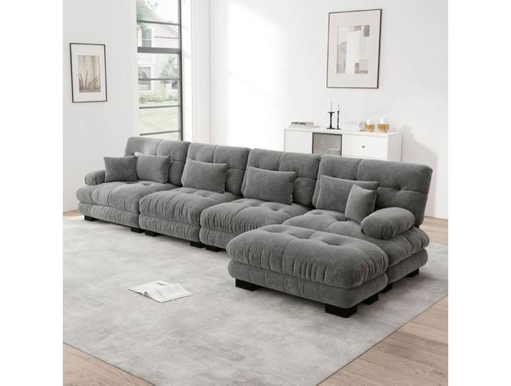 Canapé modulable - SOGEU - Cloud - 4 places - Chenille gris - Pouf amovible