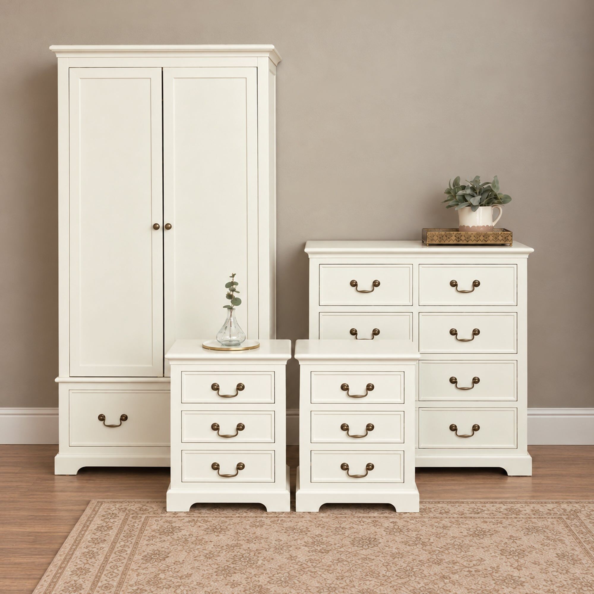 Ivory Wardrobe, 8 Drawer Chest of Drawers & Pair of 3 Drawer Bedside Tables - Charlotte Ivory Range Wood, Metal