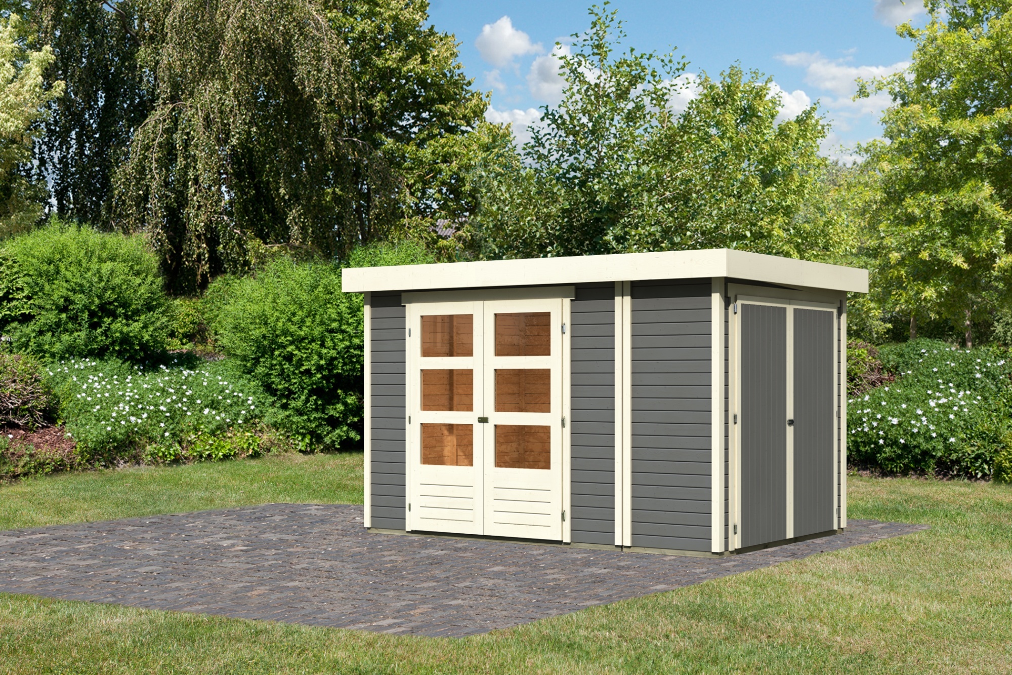 Karibu Gartenhaus Gerätehaus Retola 3 inkl. Anbauschrank terragrau 315x217x211 cm
