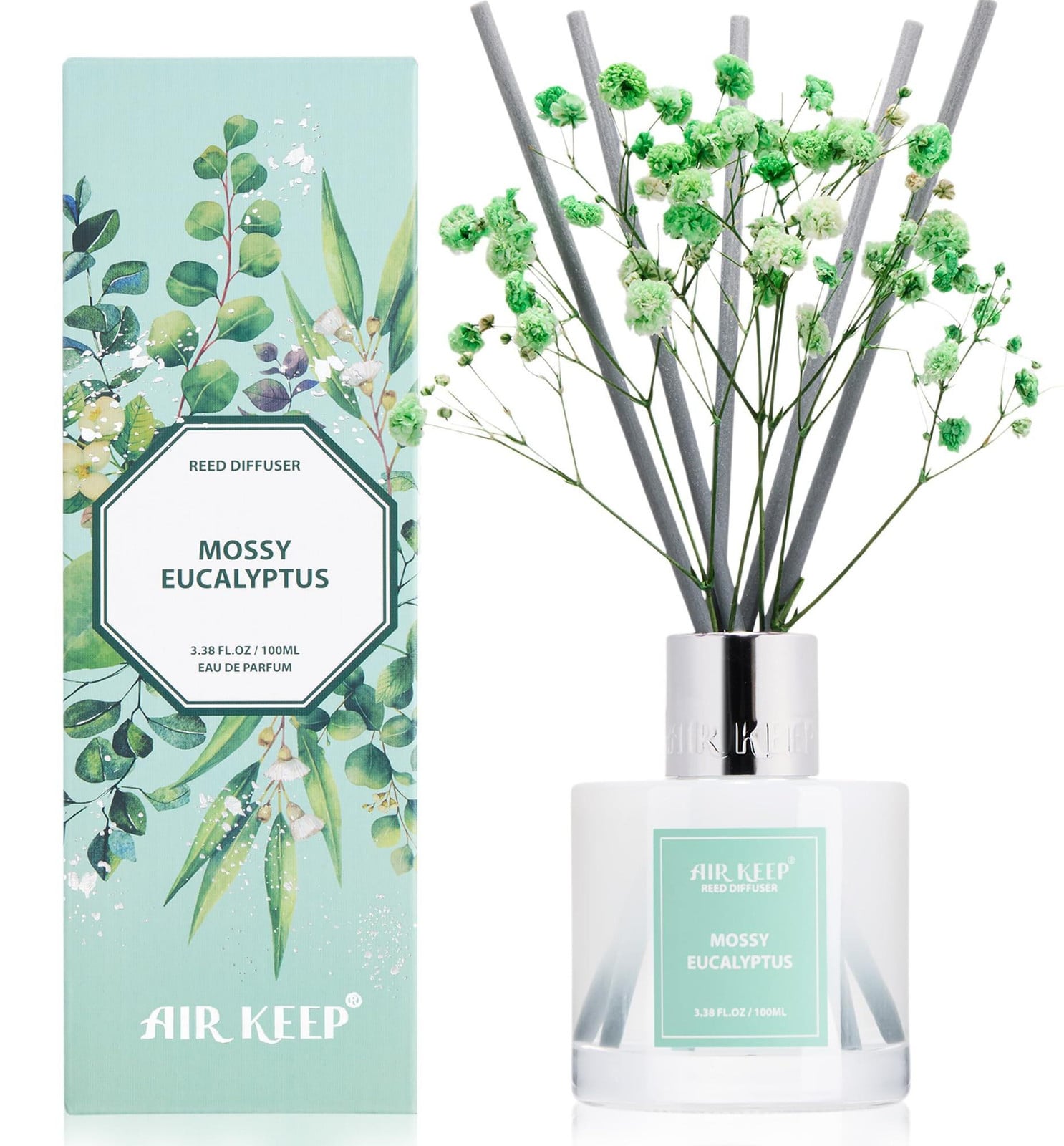 Dripio Ruimtediffuser met mos- en eucalyptusgeur, 100 ml, inclusief 8 stokjes