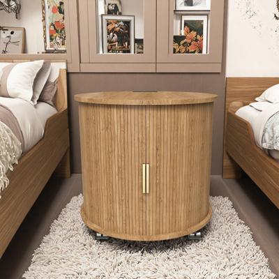 ZWYO HOSIMU "23.62"" MDF Cylinder Nightstand with Charging Station, Mid-Century Modern Round Bedside Table with Sliding Door for Bedroom"