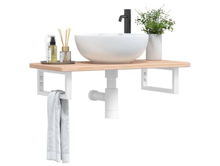 WXGTBKPR Waschtischplatte 80x40 cm Massivholz Eiche Wandkonsole Stahl weiß Badmöbel Waschtisch Ablage