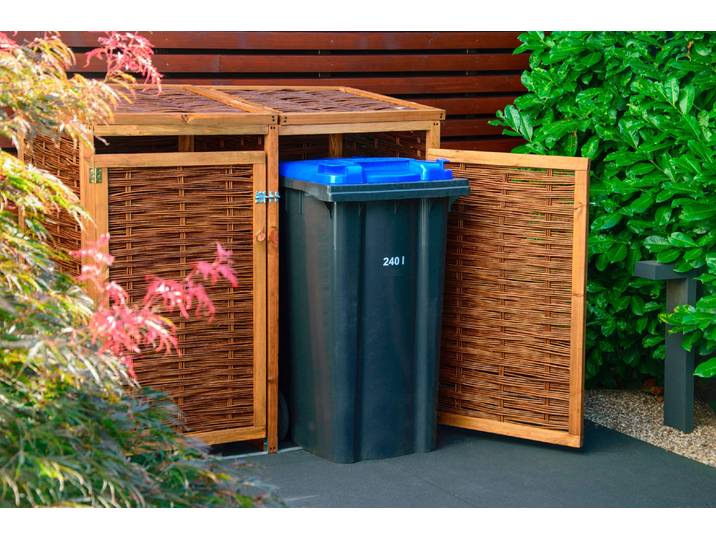 Mülltonnenbox DOBAR, braun (braun, dunkelbraun), B:137cm H:132cm T:83cm, Holzwerkstoff, Aufbewahrungsboxen, Mülltonnenbox, 2x240l, BxTxH: 137x83x132 cm