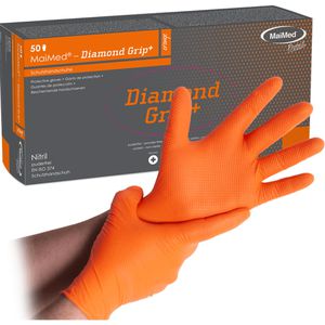 MaiMed Einmalhandschuhe Diamond Grip+, orange, 50 Stück, Nitril, chemikalienbeständig, lebensmittelecht, Größe S