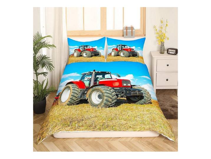 LuxusKollektion Kinderbettwäsche Traktor Bettwäsche Set 155x220cm Kinder Jungen Feld