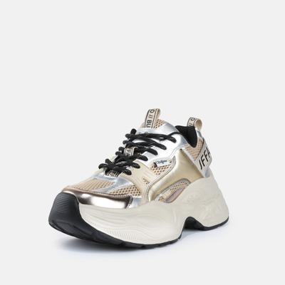 Plateausneaker BUFFALO "YUNO", Damen, Gr. 37, Textil, beige (silberfarben), Lederimitat, Textil, Schuhe Plateausneaker, Chunky-Sneaker, Schnürschuh, Leichtgewicht mit Memory Foam-Innensohle