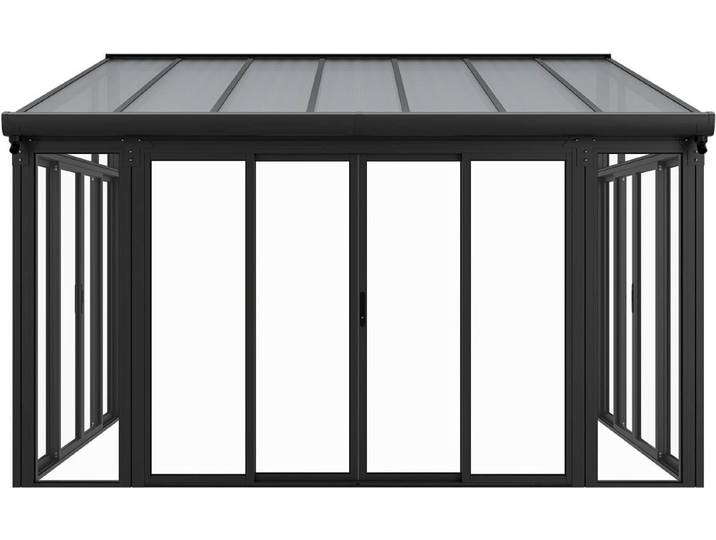 Juskys Wintergarten 12 m² - mit kristallklaren Wänden, Doppel-Schiebetüren & UV-Schutz – wasserdicht & winterfeste Überdachung aus Aluminium - Grau