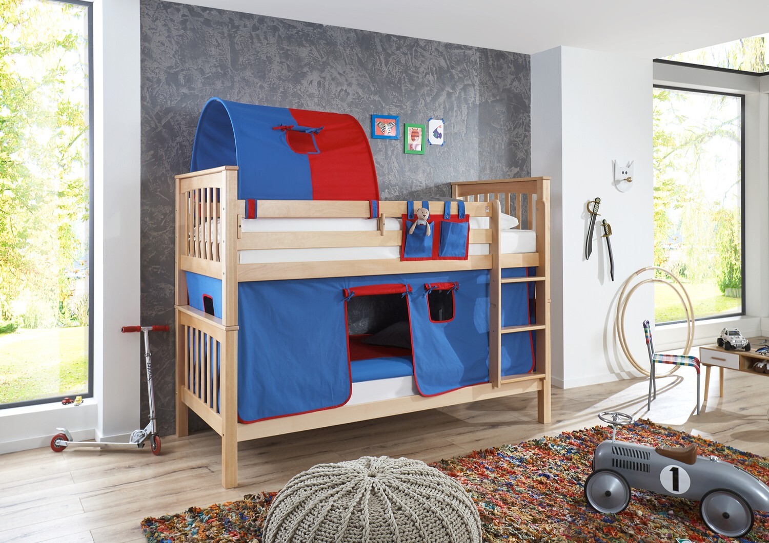 Etagenbett mit hohem Kopf- und Fußteil Kick Buche Natur lackiert 90x200 cm
