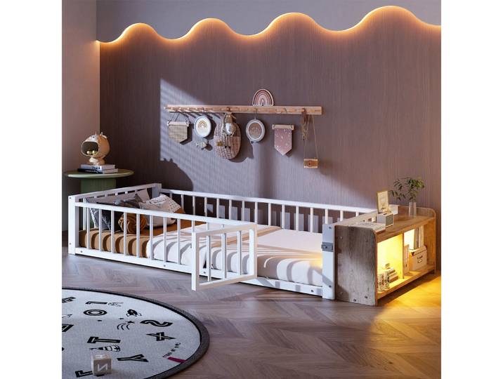 BBWL Metallbett mit Schutzgeländer, LED-Beleuchtung, Stauraum, Eisenrahmen Kinderbett, Metallbett 90x200 cm Flachbett , ohne Matratze