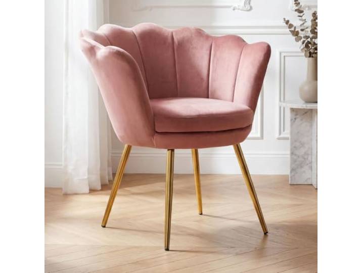 Ya-Home Samt Sessel Wohnzimmer, Schminktischstuhl mit Goldfuß Gepolsterter Blumenform Loungesessel Relaxsessel für Wohn/Schlafzimmer,Rosa