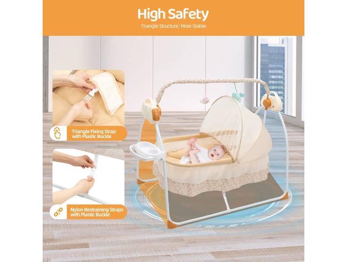 Berceau électrique pour bébé, 5 vitesses, musique Bluetooth, télécommande, berceau pliable pour nourrissons de 0 à 18 mois, moustiquaire, ceinture de sécurité