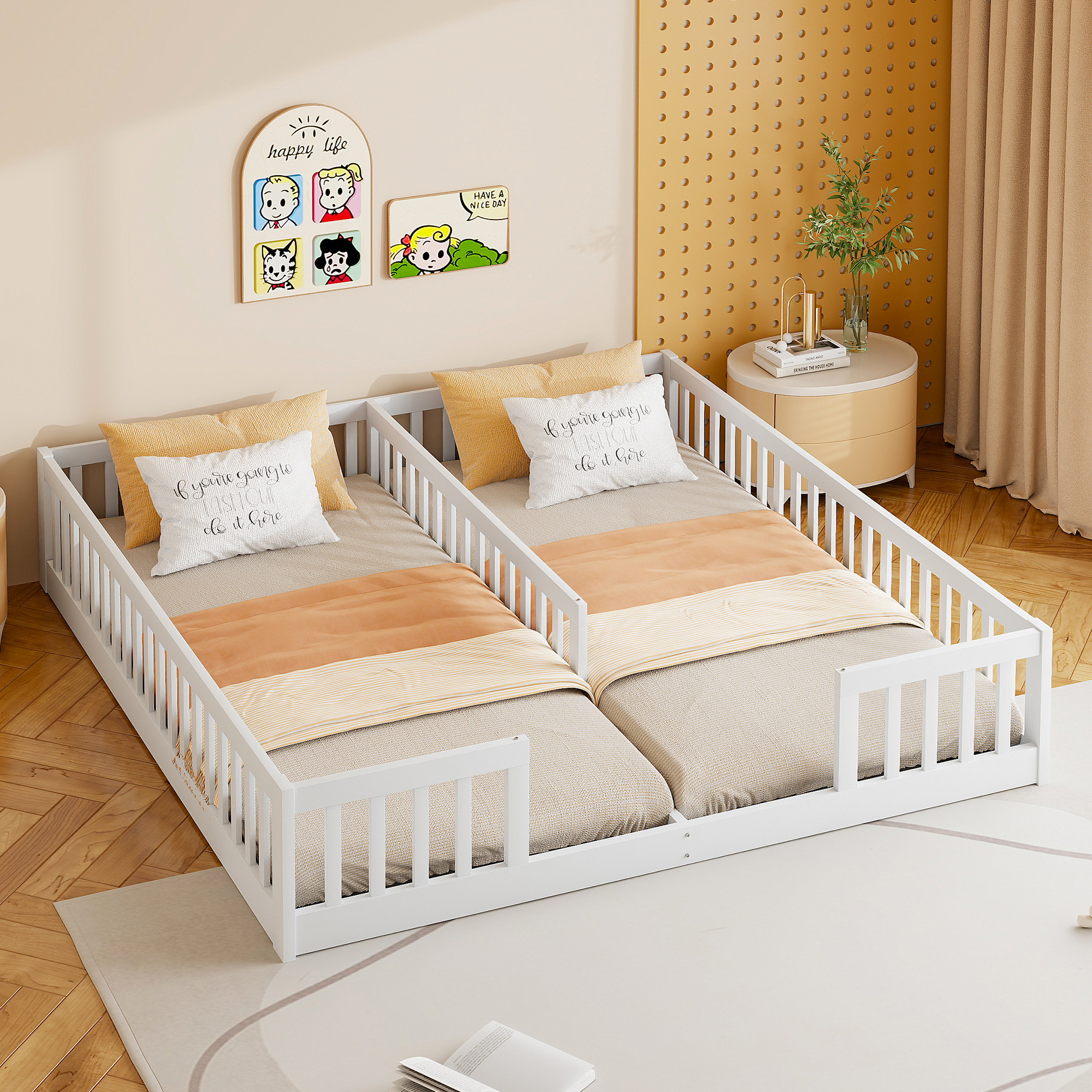 STILVORA Kinderbett 90x200 mit Matratze Jugendbett Holzbett für zwei Kindern,zwei Einzelbett mit Gitter und Zaun,Ohne Lattenrost Design,Weiß