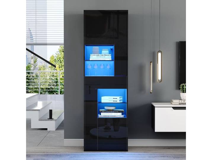 Norevia Vitrine LED Noire 170cm Meuble Présentation Verre avec Tiroir et Éclairage Connecté Salon