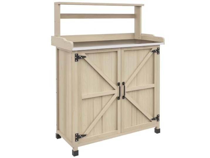 Outsunny Pflanztisch, Outdoor Holz-Pflanztisch mit 2 Regalen, Natur Gartenarbeitstisch, Aufbewahrungsschrank, galvanisierte Tischplatte, Hinterhof, Balkon