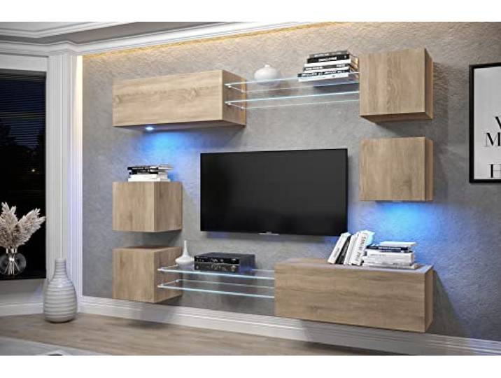 Furnitech Wohnwand Wohnzimmer Wohnzimmer Möbel mit LED RGB - 16 Farben Hängend Wohnwand Modern Wohnzimmer Schrankwand mit Regale und TV Schrank (AN65N-21S-M5)